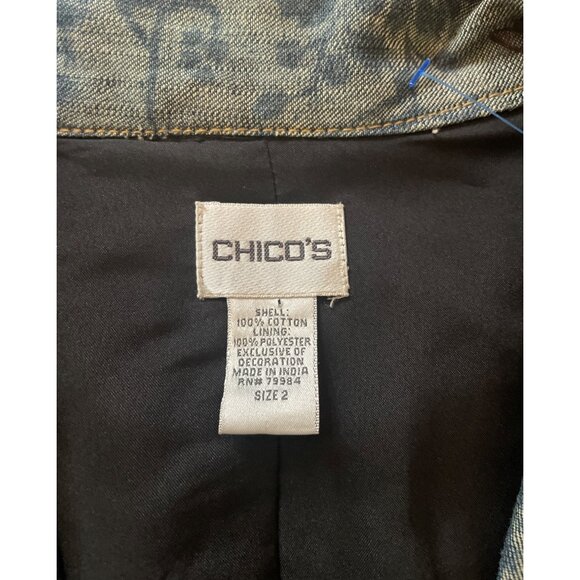 Chicos Embellished Denim Jacket Size 2 Floral Print Beaded Boho Festival - Picture 6 of 7